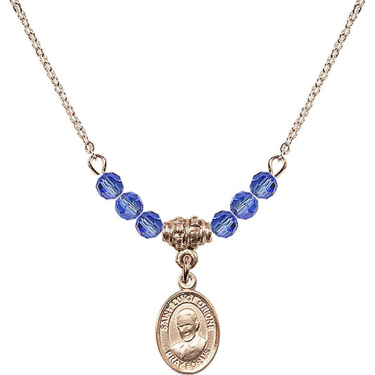 14kt Gold Filled Saint Luigi Orione Birthstone Necklace with Sapphire Beads - 9326