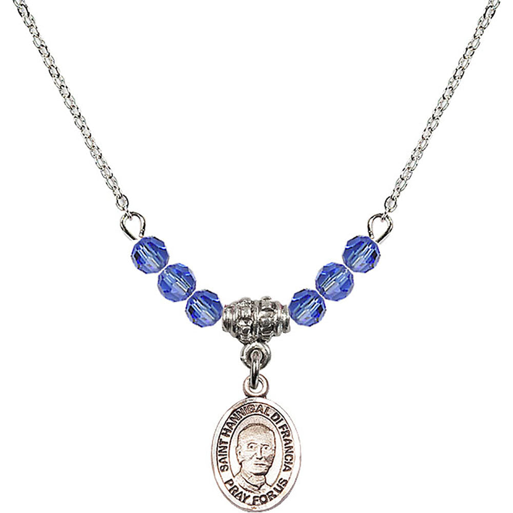 Sterling Silver Saint Hannibal Birthstone Necklace with Sapphire Beads - 9327