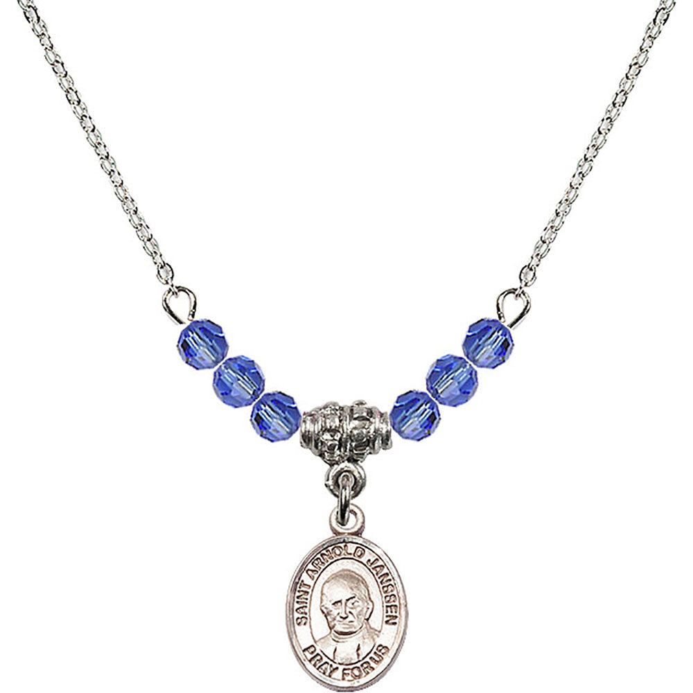 Sterling Silver Saint Arnold Janssen Birthstone Necklace with Sapphire Beads - 9328