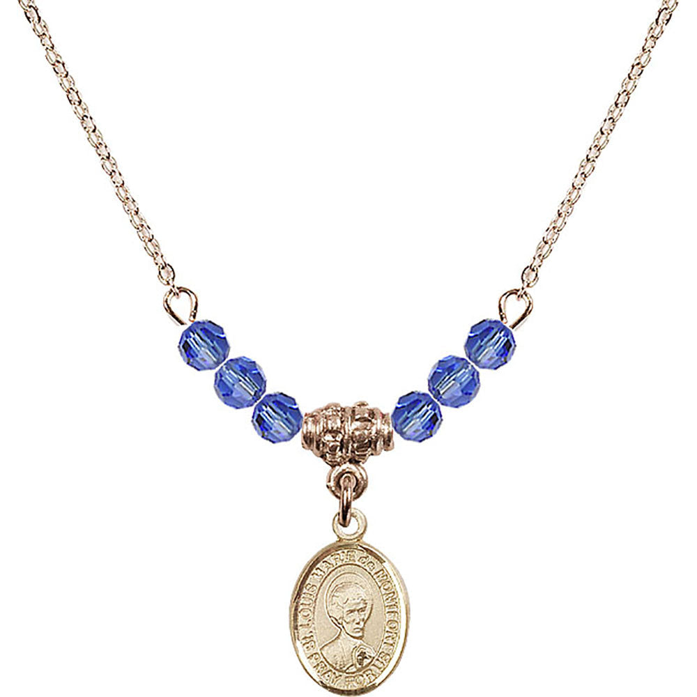 14kt Gold Filled Saint Louis Marie de Montfort Birthstone Necklace with Sapphire Beads - 9330