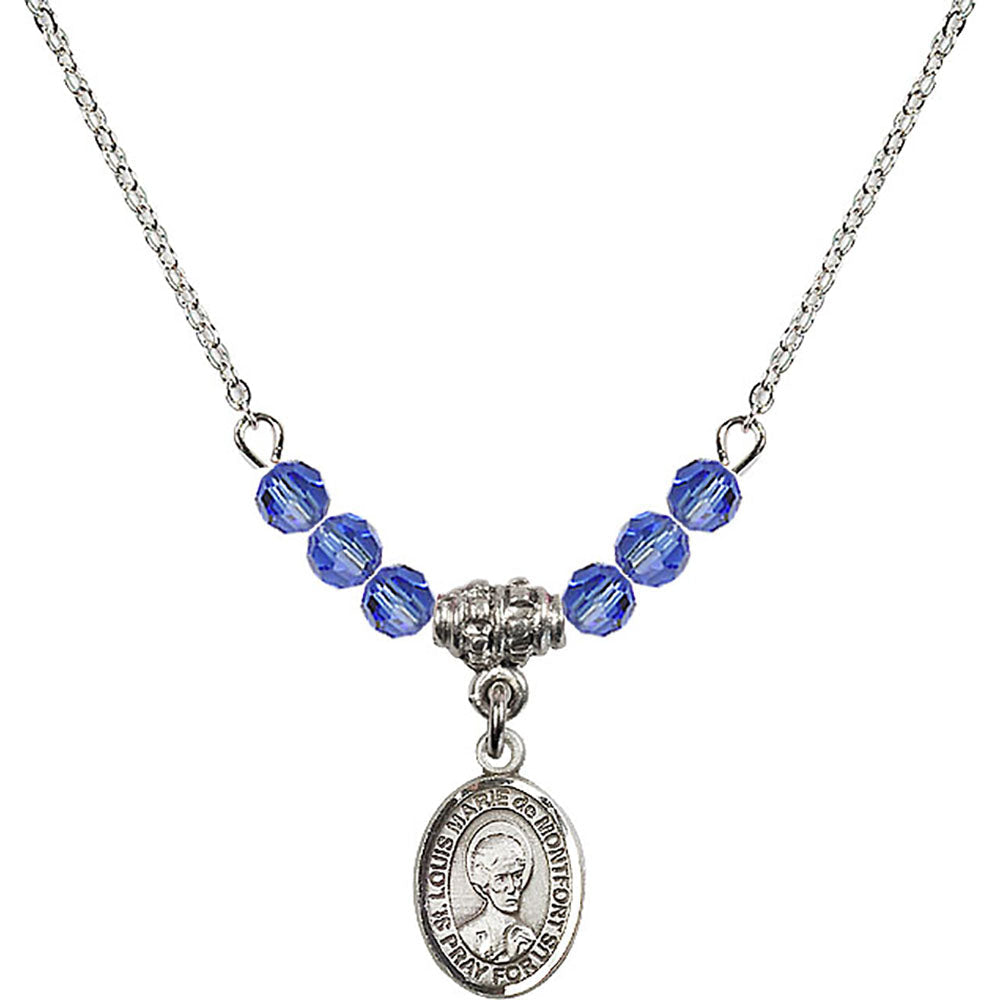 Sterling Silver Saint Louis Marie de Montfort Birthstone Necklace with Sapphire Beads - 9330