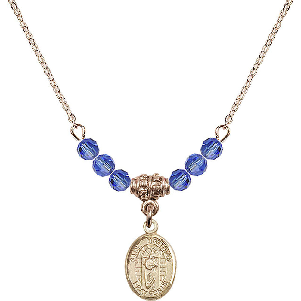 14kt Gold Filled Saint Matthias the Apostle Birthstone Necklace with Sapphire Beads - 9331