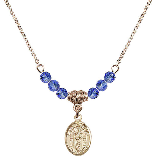 14kt Gold Filled Saint Matthias the Apostle Birthstone Necklace with Sapphire Beads - 9331