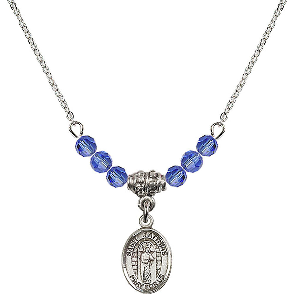 Sterling Silver Saint Matthias the Apostle Birthstone Necklace with Sapphire Beads - 9331