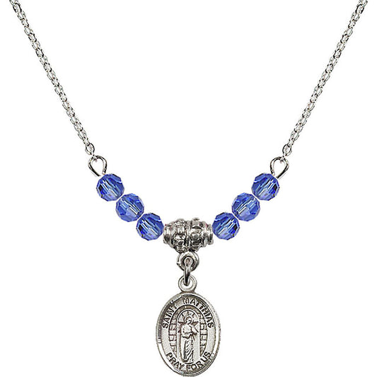 Sterling Silver Saint Matthias the Apostle Birthstone Necklace with Sapphire Beads - 9331
