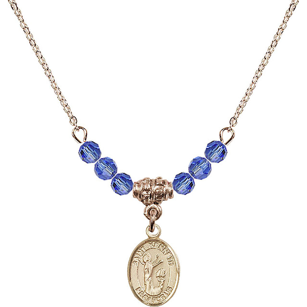 14kt Gold Filled Saint Kenneth Birthstone Necklace with Sapphire Beads - 9332