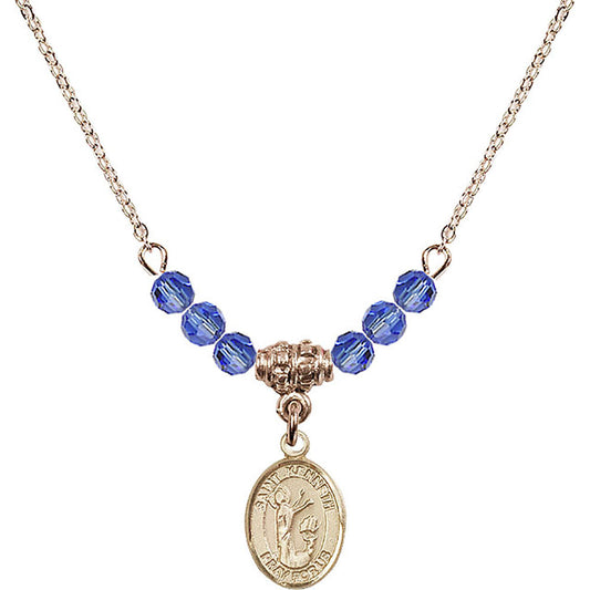 14kt Gold Filled Saint Kenneth Birthstone Necklace with Sapphire Beads - 9332
