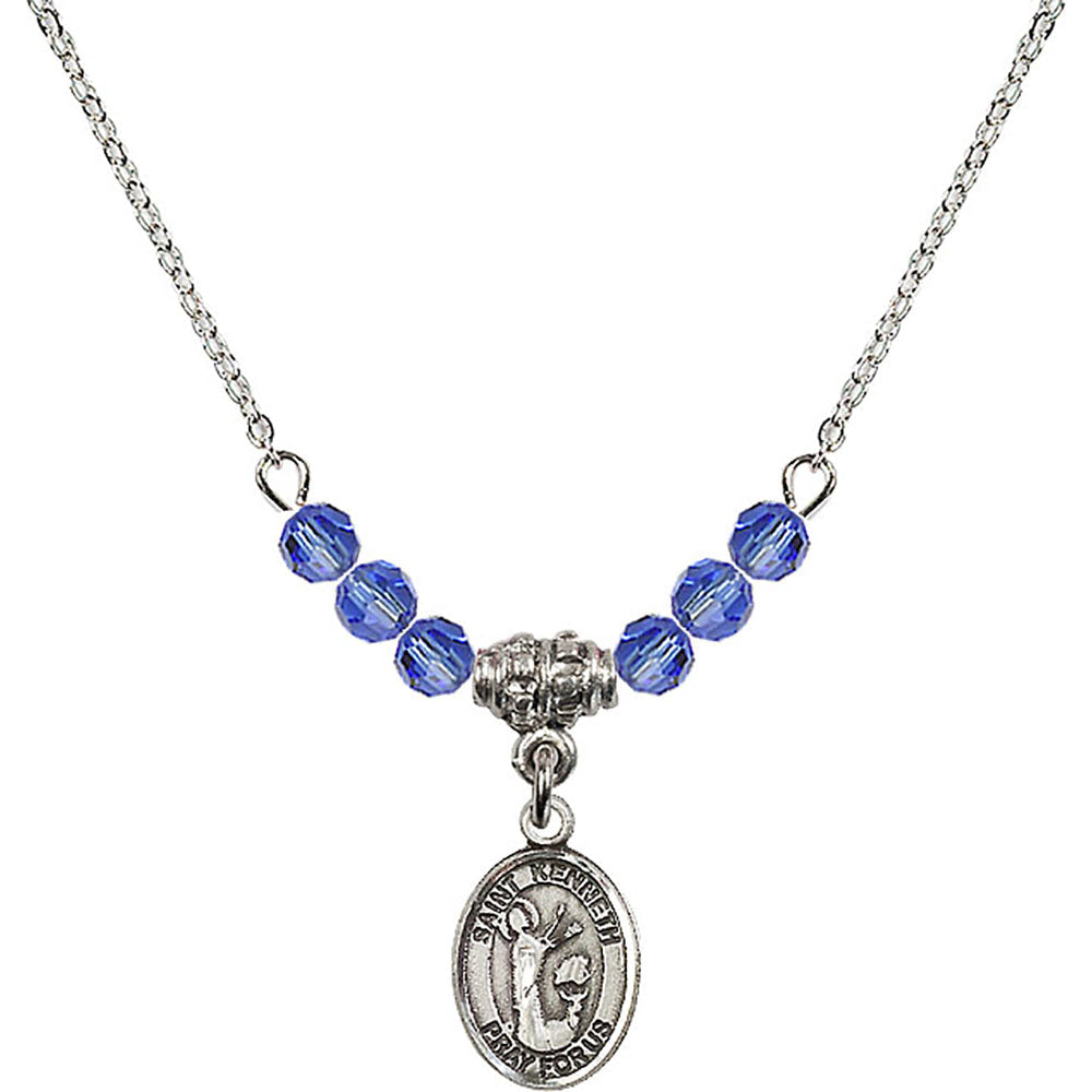Sterling Silver Saint Kenneth Birthstone Necklace with Sapphire Beads - 9332