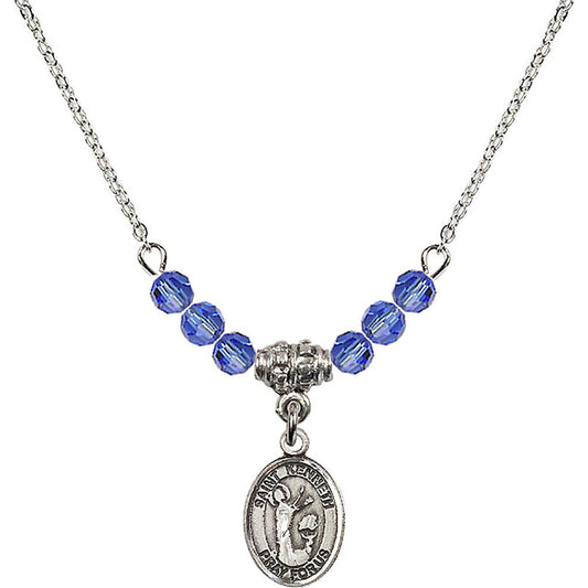 Sterling Silver Saint Kenneth Birthstone Necklace with Sapphire Beads - 9332