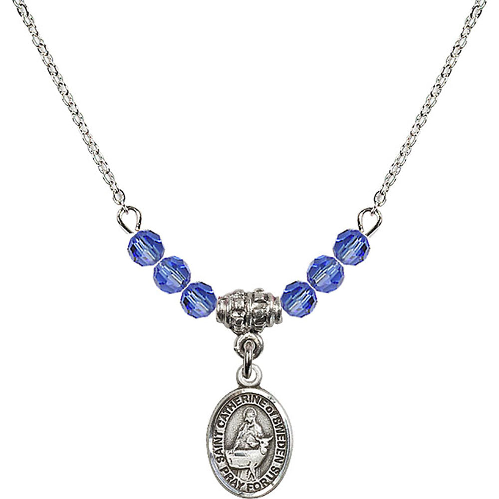 Sterling Silver Saint Catherine of Sweden Birthstone Necklace with Sapphire Beads - 9336