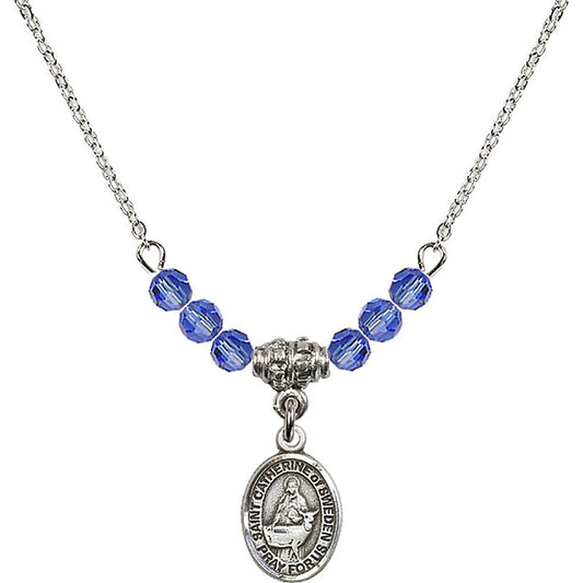 Sterling Silver Saint Catherine of Sweden Birthstone Necklace with Sapphire Beads - 9336