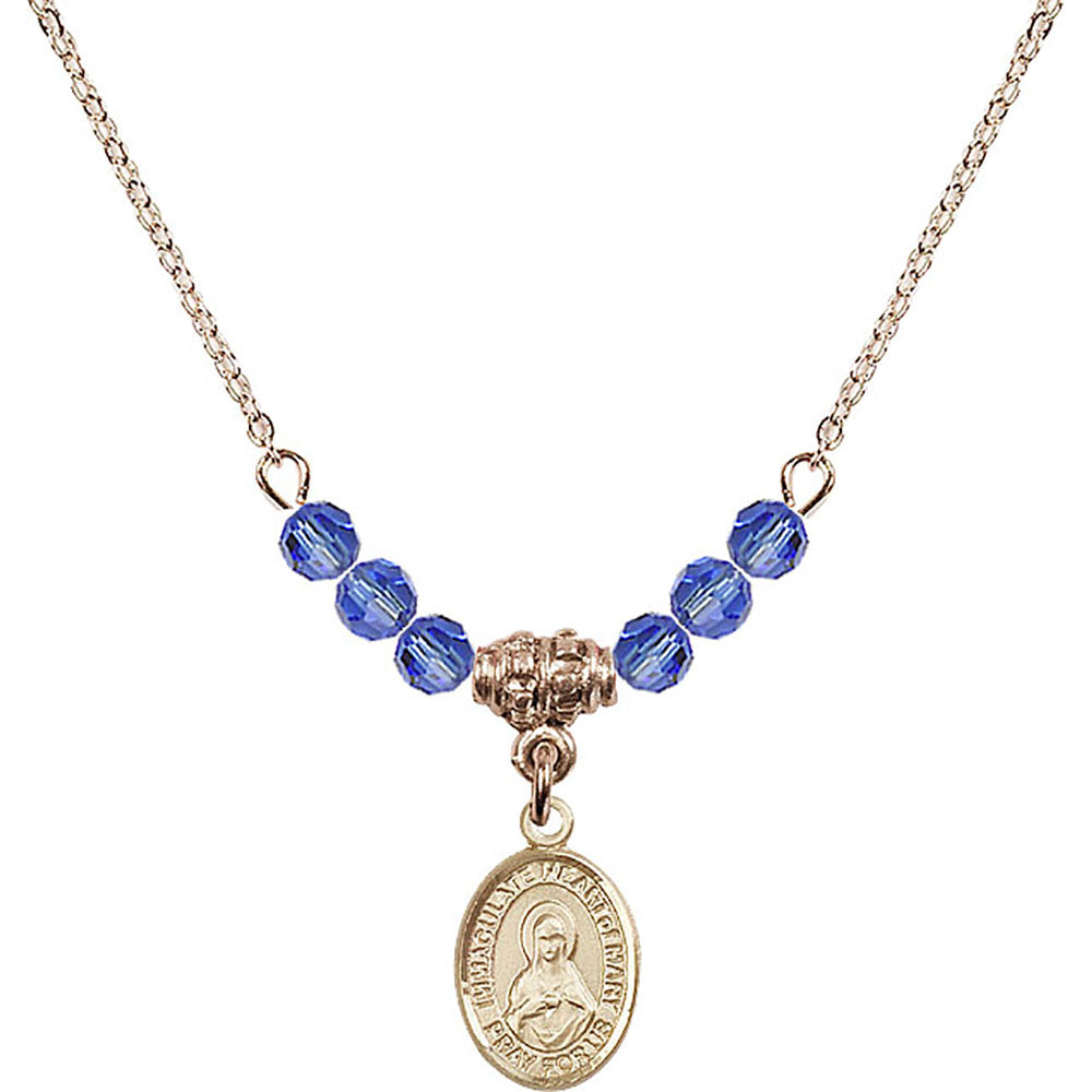 14kt Gold Filled Immaculate Heart of Mary Birthstone Necklace with Sapphire Beads - 9337