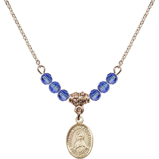 14kt Gold Filled Immaculate Heart of Mary Birthstone Necklace with Sapphire Beads - 9337