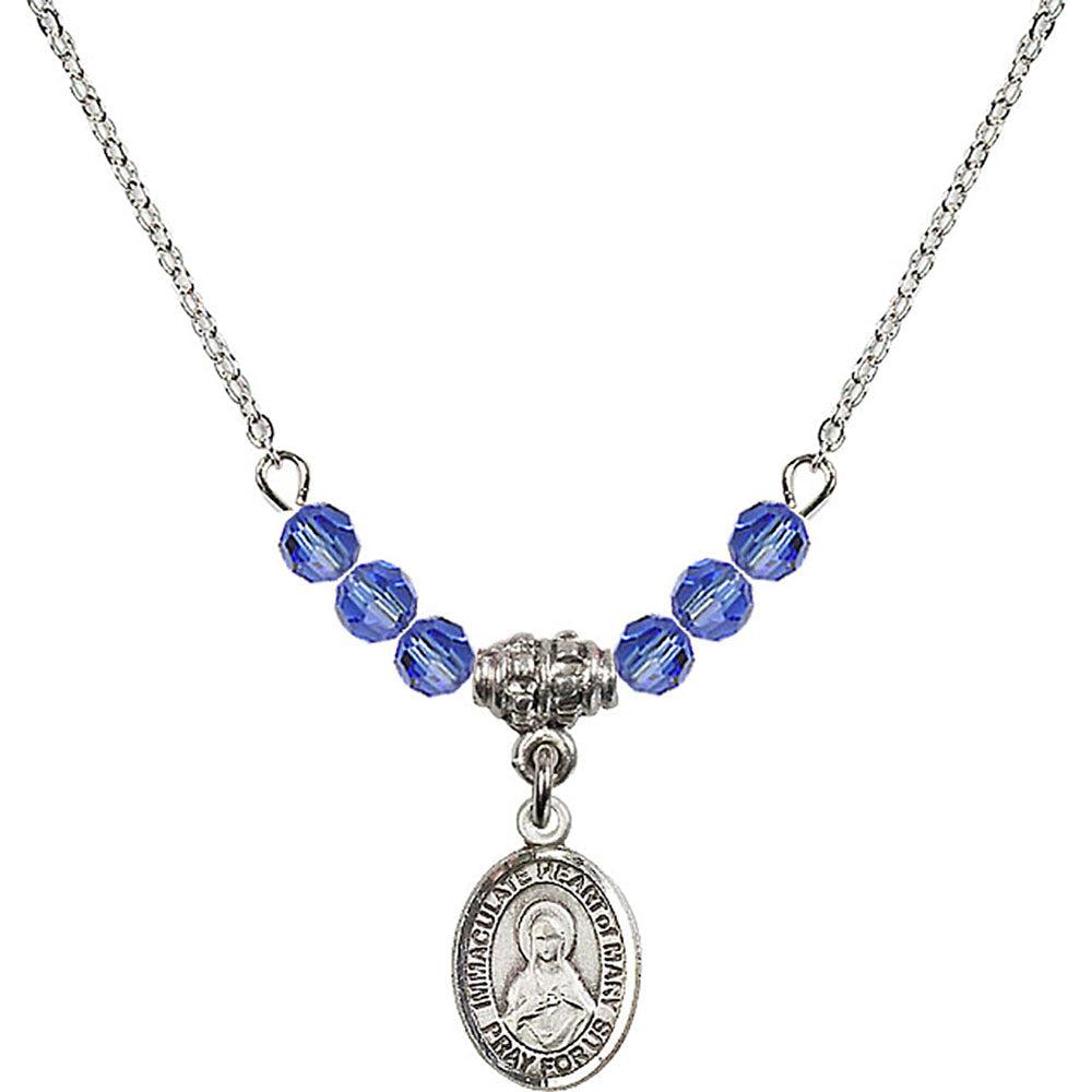 Sterling Silver Immaculate Heart of Mary Birthstone Necklace with Sapphire Beads - 9337