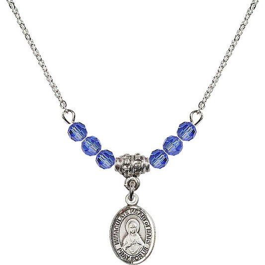 Sterling Silver Immaculate Heart of Mary Birthstone Necklace with Sapphire Beads - 9337