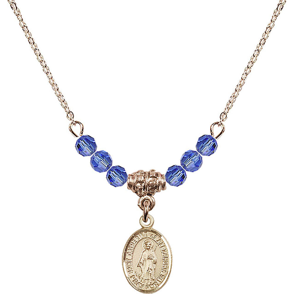 14kt Gold Filled Saint Catherine of Alexandria Birthstone Necklace with Sapphire Beads - 9343