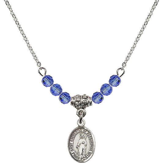 Sterling Silver Saint Catherine of Alexandria Birthstone Necklace with Sapphire Beads - 9343