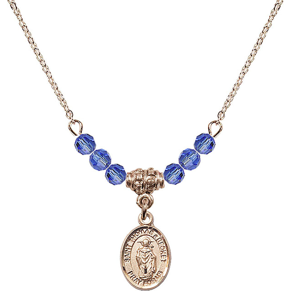 14kt Gold Filled Saint Thomas A Becket Birthstone Necklace with Sapphire Beads - 9344
