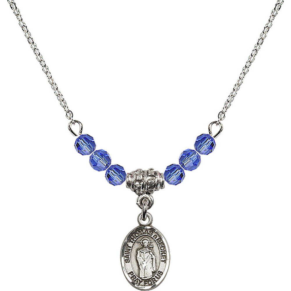 Sterling Silver Saint Thomas A Becket Birthstone Necklace with Sapphire Beads - 9344