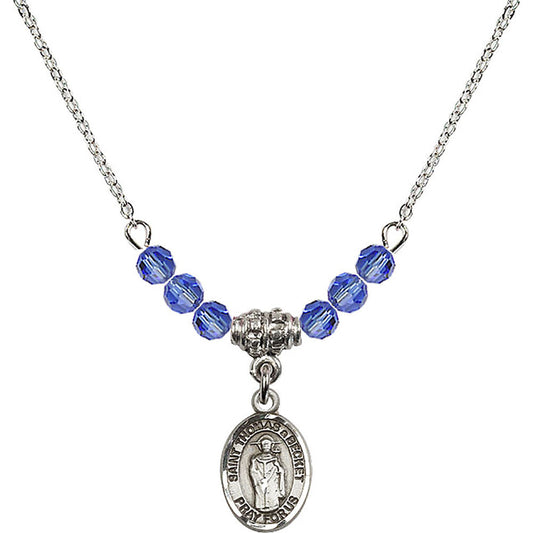 Sterling Silver Saint Thomas A Becket Birthstone Necklace with Sapphire Beads - 9344
