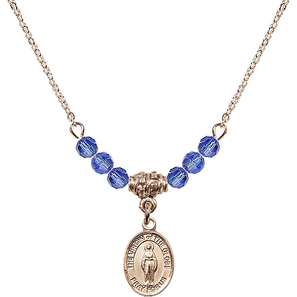 14kt Gold Filled Virgin of the Globe Birthstone Necklace with Sapphire Beads - 9345