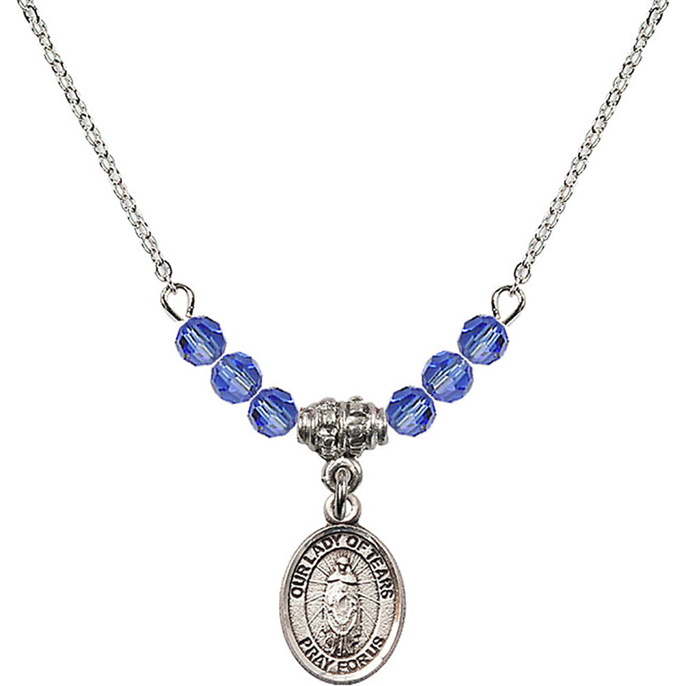 Sterling Silver Our Lady of Tears Birthstone Necklace with Sapphire Beads - 9346