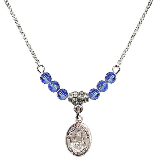 Sterling Silver Our Lady of Grapes Birthstone Necklace with Sapphire Beads - 9347