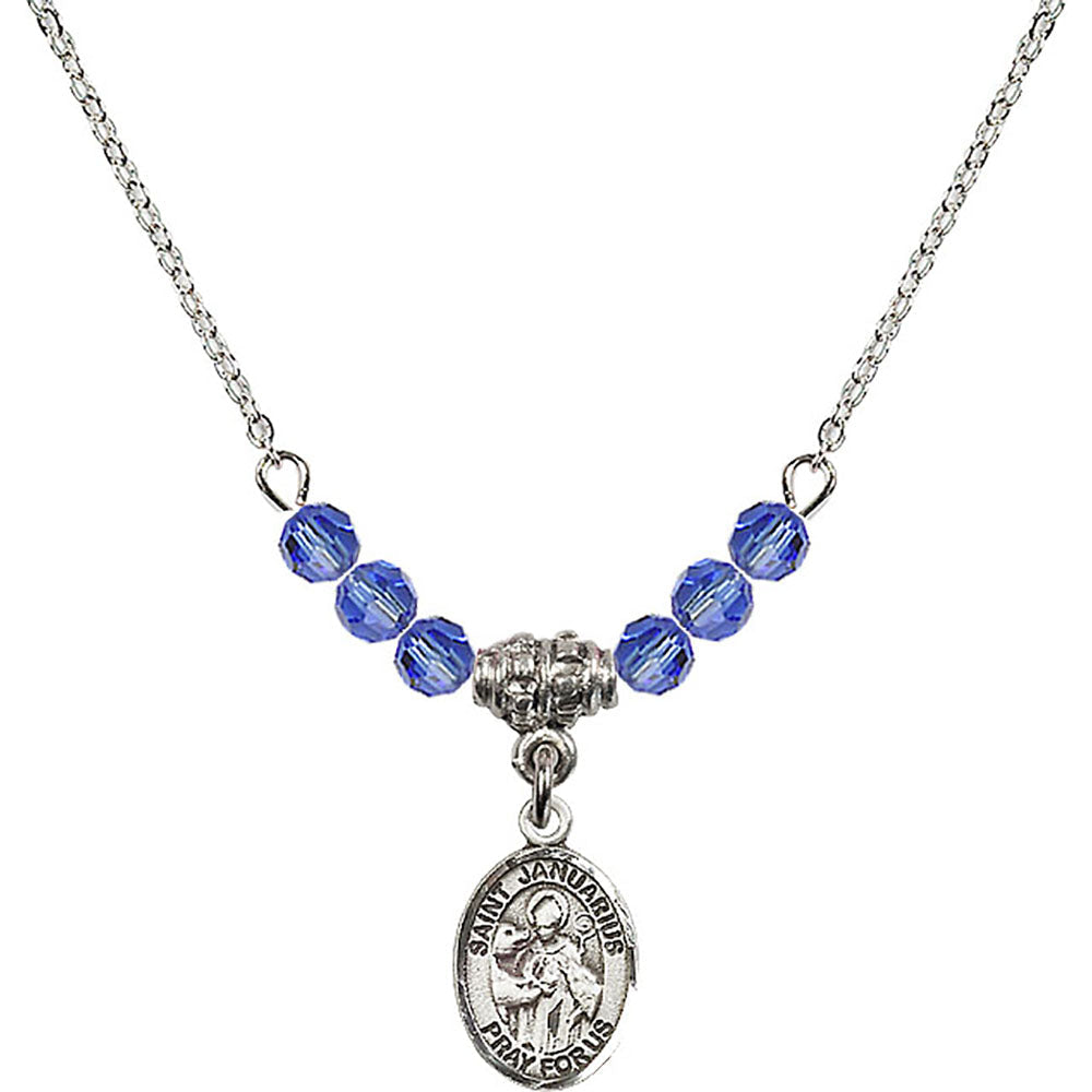 Sterling Silver Saint Januarius Birthstone Necklace with Sapphire Beads - 9351