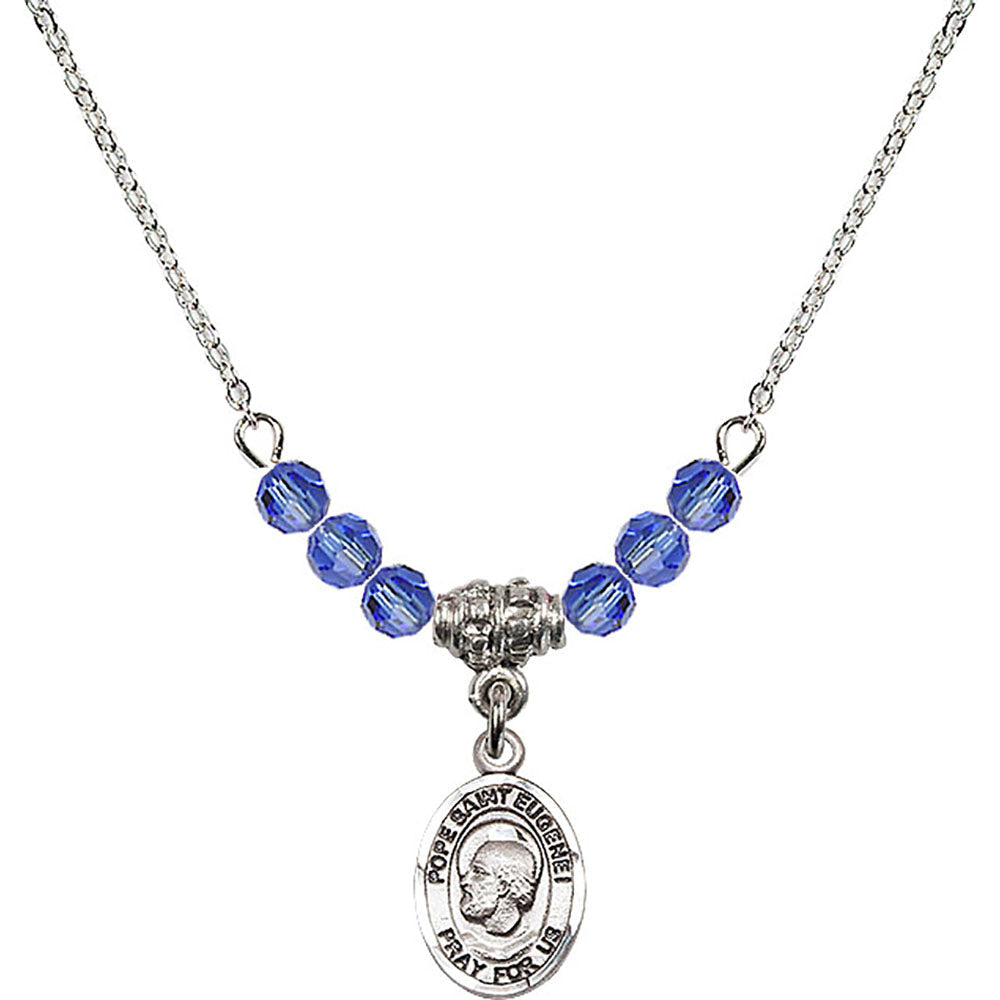Sterling Silver Pope Saint Eugene I Birthstone Necklace with Sapphire Beads - 9352