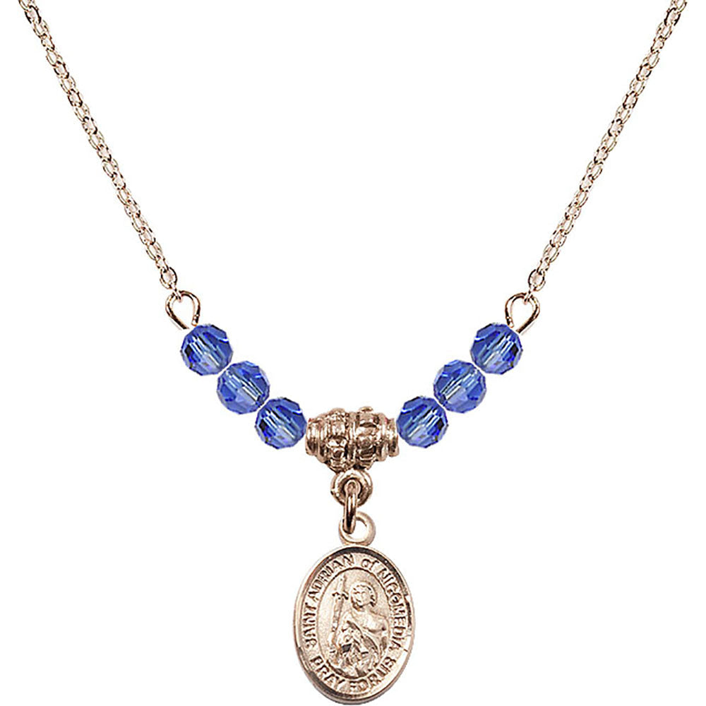 14kt Gold Filled Saint Adrian of Nicomedia Birthstone Necklace with Sapphire Beads - 9353