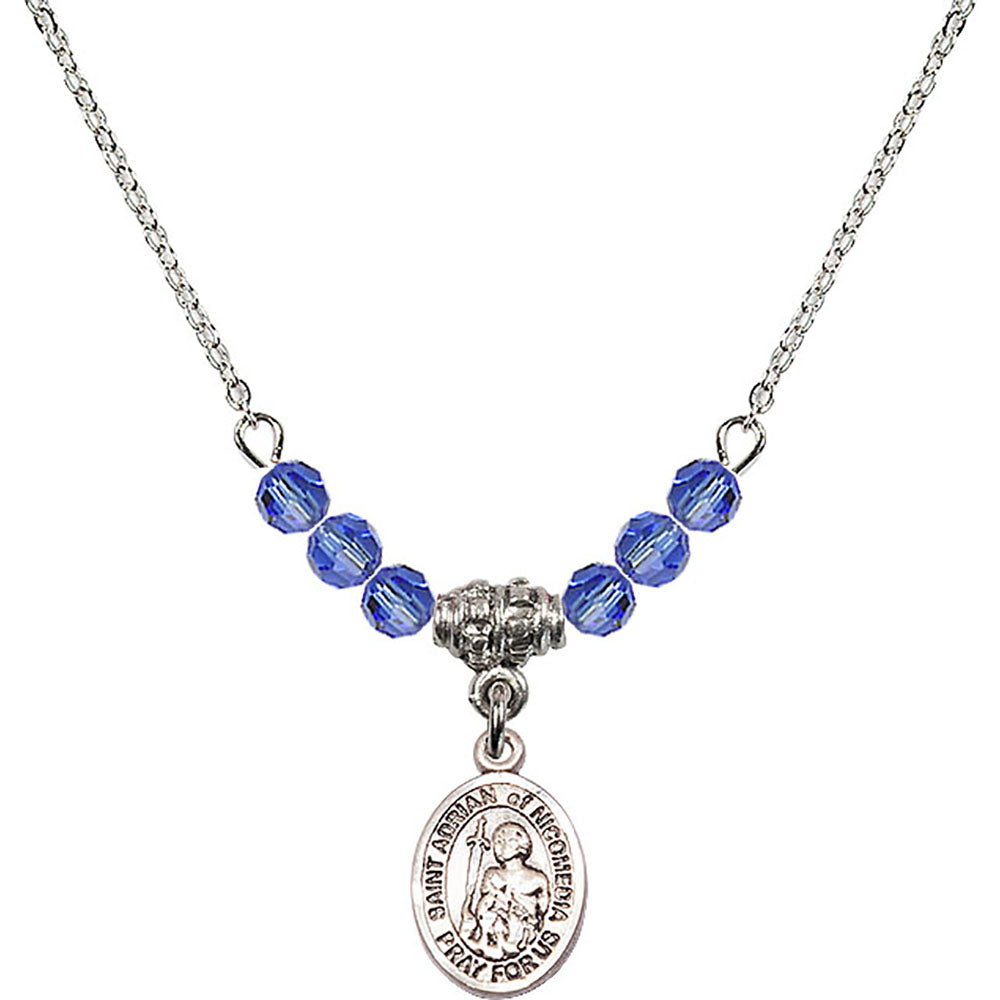 Sterling Silver Saint Adrian of Nicomedia Birthstone Necklace with Sapphire Beads - 9353