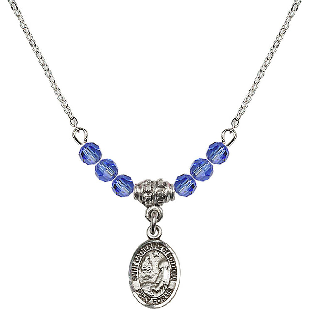 Sterling Silver Saint Catherine of Bologna Birthstone Necklace with Sapphire Beads - 9354
