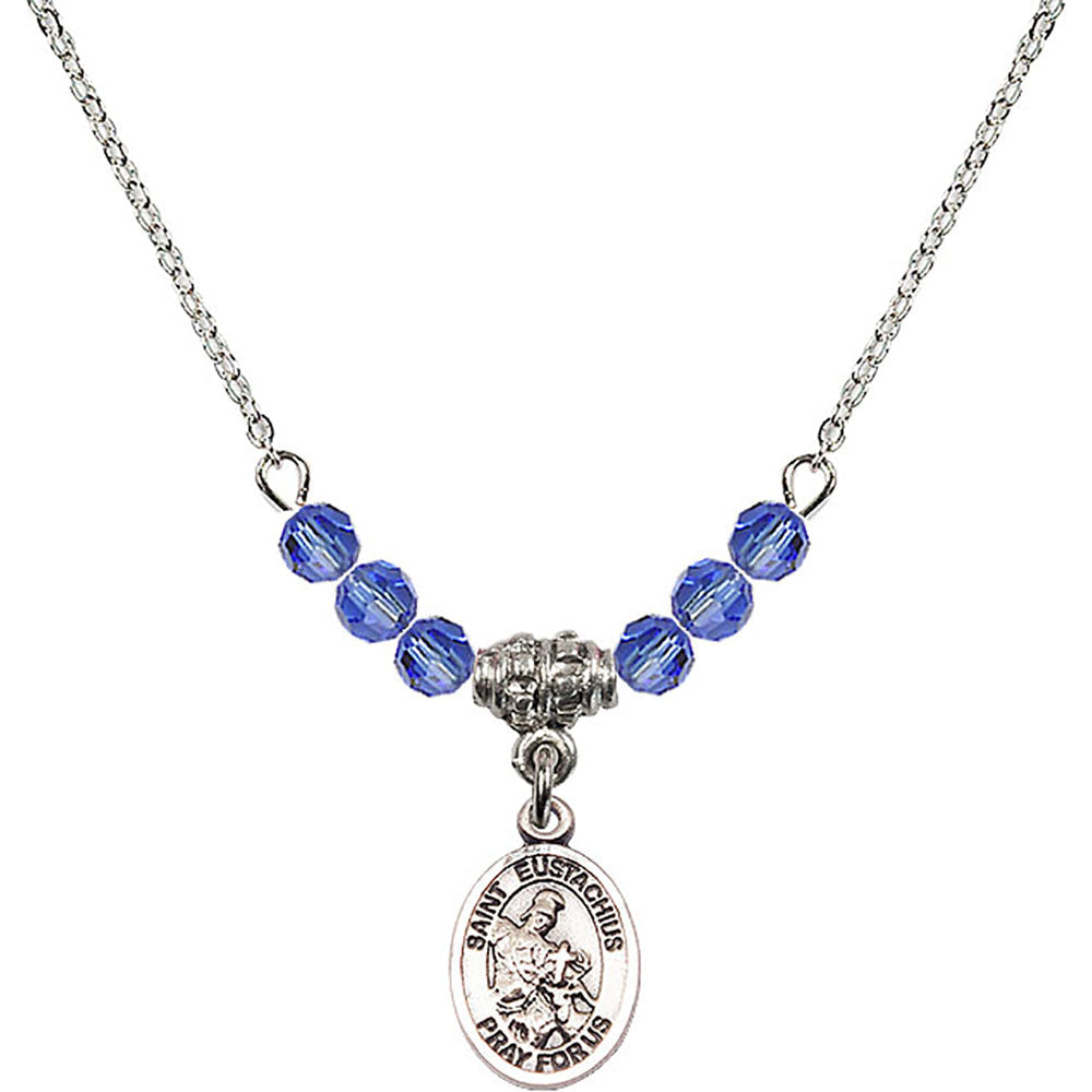 Sterling Silver Saint Eustachius Birthstone Necklace with Sapphire Beads - 9356