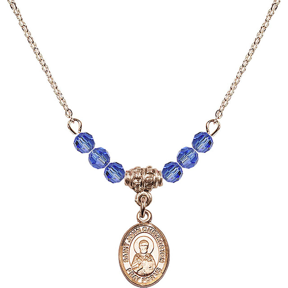 14kt Gold Filled Saint John Chrysostom Birthstone Necklace with Sapphire Beads - 9357