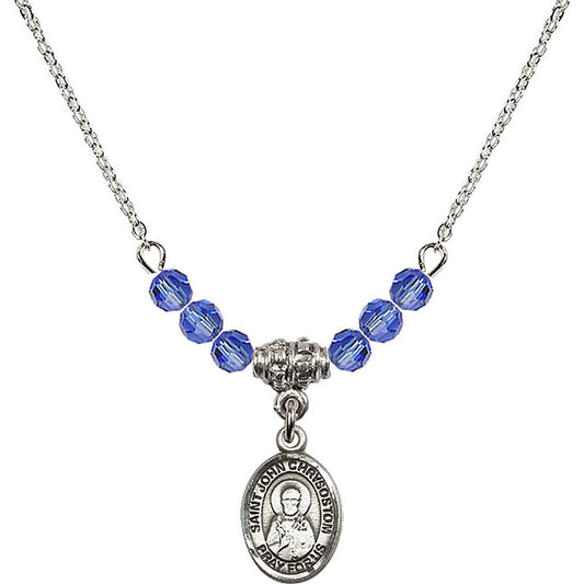Sterling Silver Saint John Chrysostom Birthstone Necklace with Sapphire Beads - 9357