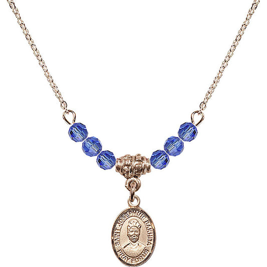 14kt Gold Filled Saint Josephine Bakhita Birthstone Necklace with Sapphire Beads - 9360