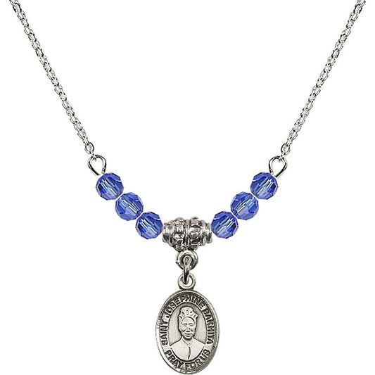 Sterling Silver Saint Josephine Bakhita Birthstone Necklace with Sapphire Beads - 9360