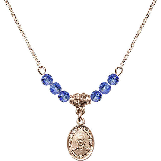 14kt Gold Filled Saint Josemaria Escriva Birthstone Necklace with Sapphire Beads - 9362