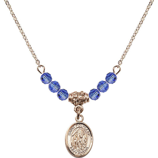 14kt Gold Filled Saint Polycarp of Smyrna Birthstone Necklace with Sapphire Beads - 9363