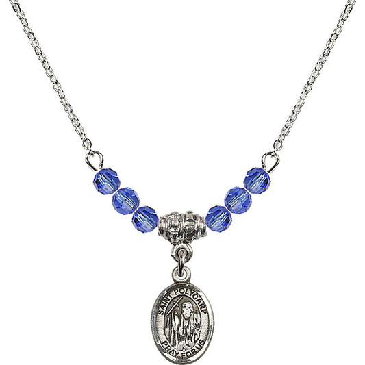 Sterling Silver Saint Polycarp of Smyrna Birthstone Necklace with Sapphire Beads - 9363