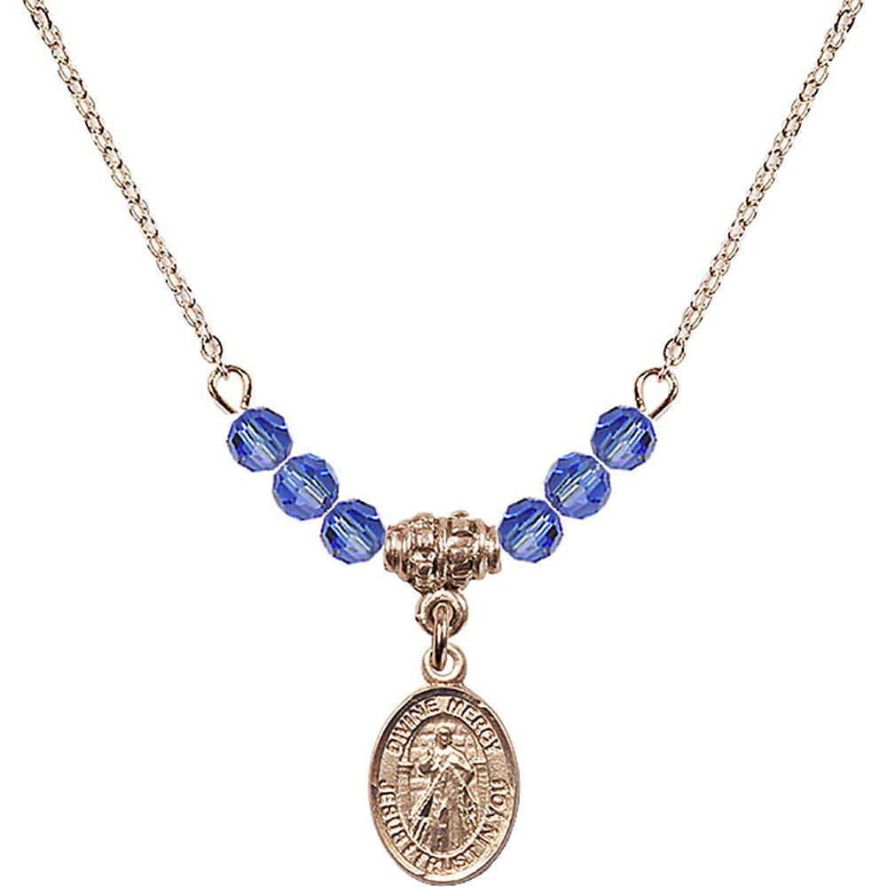 14kt Gold Filled Divine Mercy Birthstone Necklace with Sapphire Beads - 9366