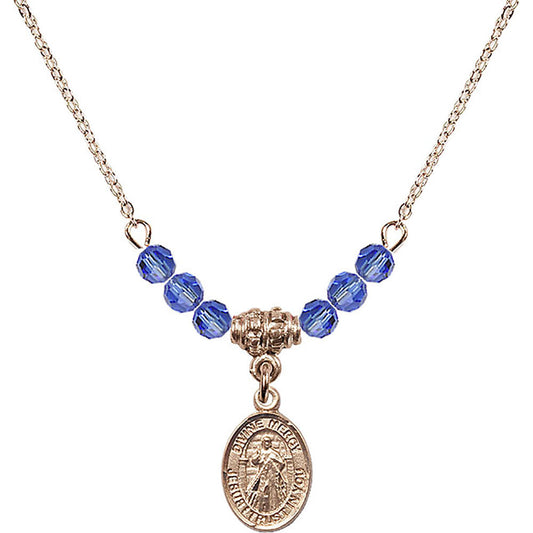 14kt Gold Filled Divine Mercy Birthstone Necklace with Sapphire Beads - 9366