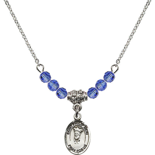 Sterling Silver Saint Philip Neri Birthstone Necklace with Sapphire Beads - 9369