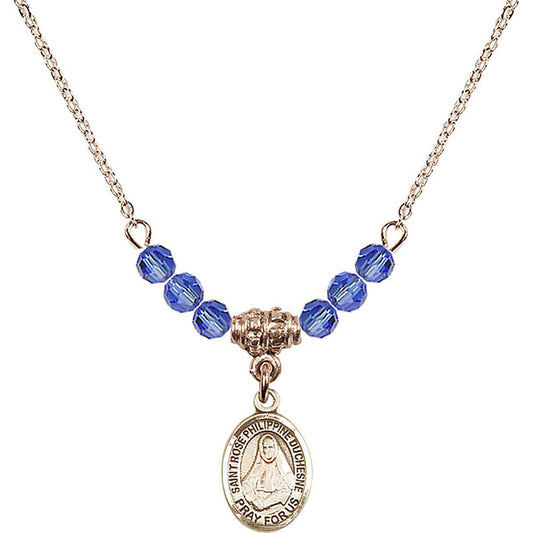 14kt Gold Filled Saint Rose Philippine Duchesne Birthstone Necklace with Sapphire Beads - 9371