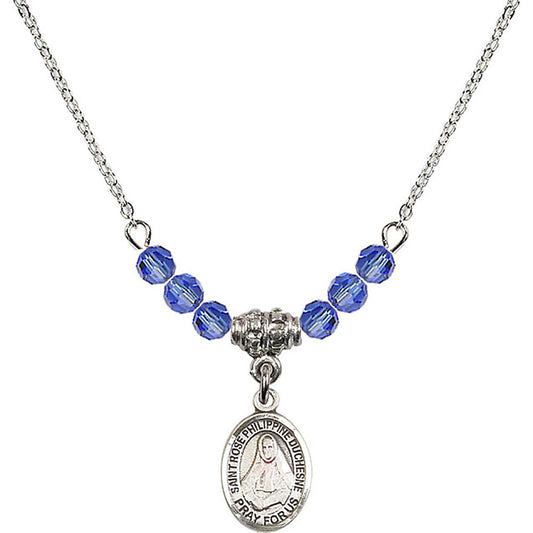 Sterling Silver Saint Rose Philippine Duchesne Birthstone Necklace with Sapphire Beads - 9371