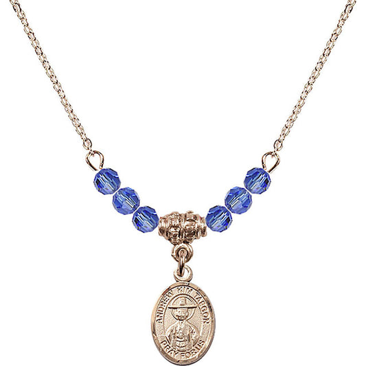 14kt Gold Filled Saint Andrew Kim Taegon Birthstone Necklace with Sapphire Beads - 9373