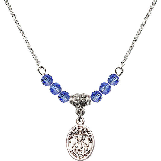 Sterling Silver Saint Andrew Kim Taegon Birthstone Necklace with Sapphire Beads - 9373
