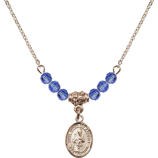 14kt Gold Filled Saint Simon the Apostle Birthstone Necklace with Sapphire Beads - 9375
