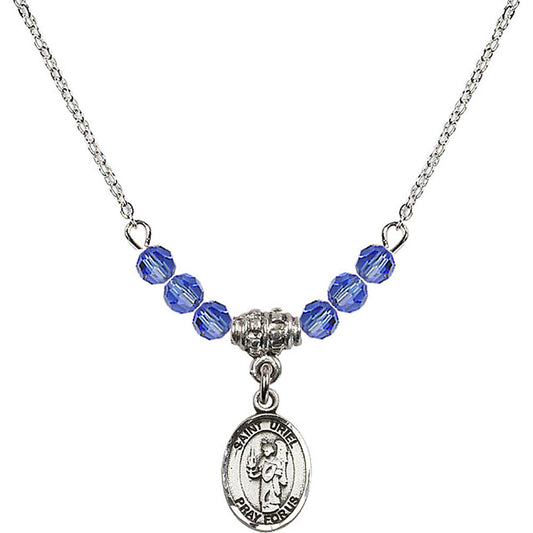 Sterling Silver Saint Uriel the Archangel Birthstone Necklace with Sapphire Beads - 9378
