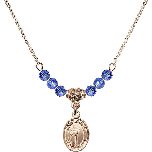 14kt Gold Filled Saint Aidan of Lindesfarne Birthstone Necklace with Sapphire Beads - 9381